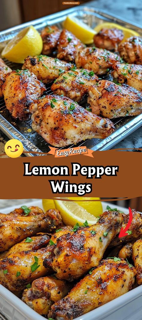 Savor the zesty goodness of Lemon Pepper Wings, a perfect blend of tangy lemon and bold black pepper. These wings are baked until golden and crispy, making them a healthier alternative to the classic fried version. They're a fantastic choice for game day, family gatherings, or just when you're craving something deliciously different. #LemonPepperWings #ChickenWings #GameDayFood Lemon Pepper Wings Oven, Crispy Lemon Pepper Wings, Lemon Pepper Wings Recipe, Lemon Pepper Chicken Wings Recipe, Lemon Pepper Chicken Wings, Chicken Wing Recipes Baked, Lemon Pepper Wings, Pepper Seasoning, Crispy Wings