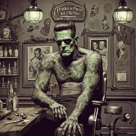 Speakeasy Office, Divant Art, Frankenstein Tattoo, Book Friends, Frankenstein Art, Frankenstein Monster, Halloween Backdrop, Frankenstein's Monster, Retro Horror