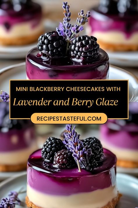 These Mini Blackberry Cheesecakes with Lavender and Berry Glaze are the perfect bite-sized desserts, combining rich and creamy cheesecake with a fruity blackberry glaze and a hint of floral lavender. Ideal for any occasion, they are as beautiful as they are delicious. Blackberry Glaze, Berry Glaze, Edible Lavender, Blackberry Lavender, Blackberry Cheesecake, Bite Size Desserts, Elegant Desserts, Mini Cheesecakes, Creamy Cheesecake