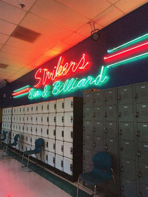 80s Bowling Alley Aesthetic, 80s Bowling Aesthetic, Bowling Alley Exterior Design, Retro Bowling Alley Aesthetic, 80s Bowling Alley, 90s Bowling Alley, Bowling Alley Aesthetic, 80s Room Ideas, Retro Bowling Alley