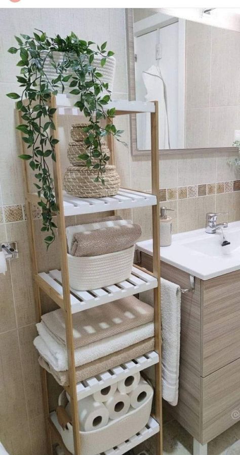 Sink With No Counter Space, Ways To Store Towels In Bathroom, Eucalyptus Bathroom Decor Ideas, Spa Inspired Bathroom Small, Bathroom Bamboo Decor, Gender Neutral Apartment Decor, Boho Bathroom Apartment, Bathroom Towel Organization, Bathroom Nature Theme