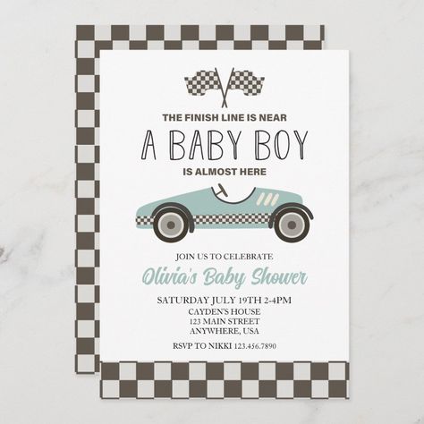 blue Race Car Baby Shower Invitation Yellow Race Car, Bday Party Boy, Race Car Nursery, Retro Race Car, Car Themed Nursery, Blue Race Car, Red Race Car, Racing Baby, Surprise Baby Shower