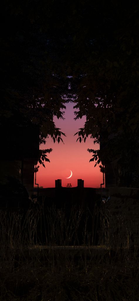 Moon And Sunset Wallpaper, Dark Sunset Aesthetic Wallpaper, Sunset Moon Wallpaper, Sunset Moon Aesthetic, Spooky Sunset, Sunset With Moon, Moon Minimal, Silhouette Wallpaper, Natural Wallpapers