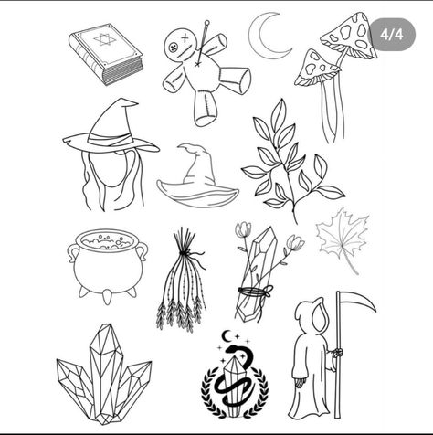 Witchy Tattoo Flash Sheet, Easy Witchy Doodles, Witchy Tattoo Flash Simple, Witchy Tattoo Ideas Small Easy, Witchy Sticker Sleeve Tattoo, Small Witchy Tattoos, Doodle Pages, Flash Tattoo Designs, Creepy Pictures