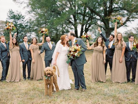 Taupe Wedding Party, Charcoal Suit Wedding, Bobo Wedding, Taupe Dresses, Gray Wedding Party, Wedding Party Attire, Taupe Bridesmaid, Lotr Wedding, Wedding Suit Styles