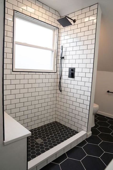 Farmhouse Subway Tile Bathroom, White Tile Shower With Black Floor, Black Grout White Tile Bathroom, Shower Curbs Ideas, White Tiles Black Grout Bathroom, White Tile With Grey Grout, White Tile Black Grout, Small Bathroom Decorating Ideas, Small Bathroom Decorating