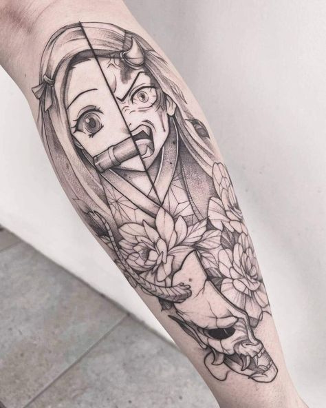 Demon Slayer Tattoo Nezuko, Demon Slayer Nezuko Tattoo, Nezuko Tattoo Ideas, Nezuko Tattoo Design, Demon Slayer Tattoos, Hase Tattoos, Mitsuri Nezuko, Anime Tats, Tattoos Black And White