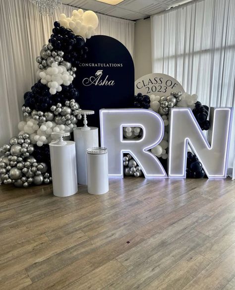 Nursing Grad Decorations, Nurse Graduation Backdrop Ideas, Nurse Graduation Backdrop, Nurse New Grad, Nursing School Acceptance Party, Nursing School Grad Party, Phd Party, Grad Decorations, Nursing Party