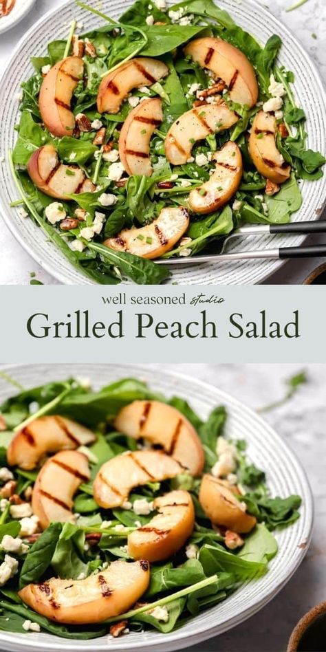 Simple food is always best, and this grilled peach salad is the perfect example! Top fresh baby arugula with grilled peaches, crunchy pecans, and crumbled blue cheese or gorgonzola. Toss lightly with homemade honey mustard vinaigrette for a light lunch or side salad that is healthy and tastes amazing! #wellseasonedstudio #grilledpeaches #peachsalad #honeymustard #vinaigrette #glutenfree Peach Salad Recipes, Stone Fruit Salad, Grilled Peach Salad, Homemade Honey Mustard, Mustard Vinaigrette, Honey Mustard Vinaigrette, Peach Salad, Baby Arugula, Grilled Peaches