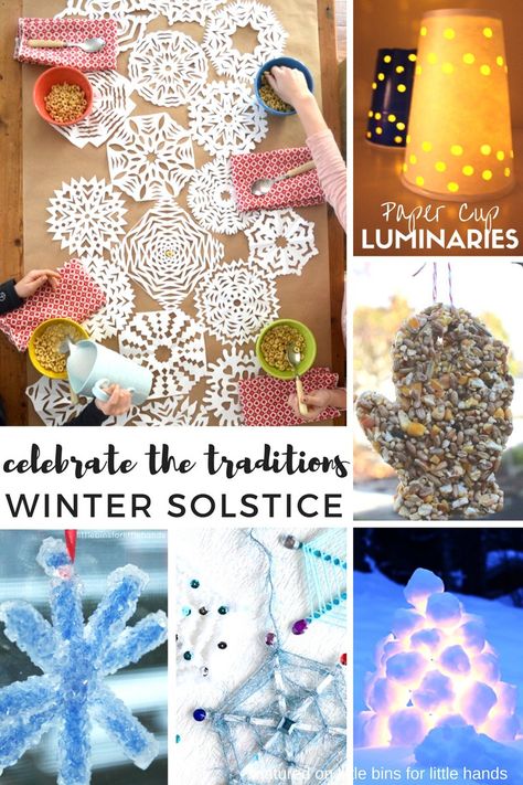 Beautiful and simple winter solstice activities for kids including snowflakes, luminaries, and outdoor decorations and treats for animals Solstice Activities For Kids, Winter Solstice Activities, Solstice Activities, Solstice Crafts, Solstice Traditions, Winter Solstice Party, Winter Solstice Traditions, Yule Crafts, Winter Solstice Celebration