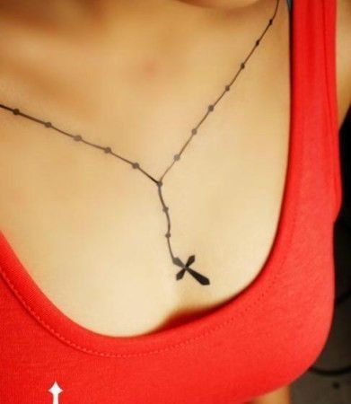 Rosary Necklace Tattoo Cross Necklace Tattoos For Women, Necklace Tattoo Women, Cross Necklace Tattoo, Red Cross Necklace, Cute Best Friend Tattoos, Tramp Stamps, Rosary Tattoo, Chain Tattoo, Necklace Tattoo