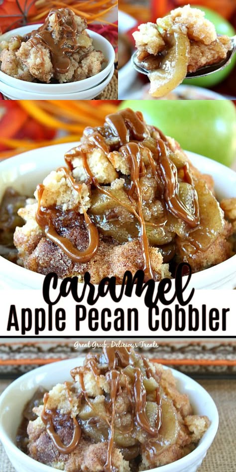 This Caramel Apple Pecan Cobbler is loaded with tender green apples, caramel, pecans and drizzled with caramel. #caramelapples #appledesserts #dessertfoodrecipes #yummy #greatgrubdelicioustreats Caramel Cobbler, Apple Pecan Cobbler, Caramel Pecans, Pecan Cobbler, Cobbler Topping, Apple Cobbler, Apple Dessert Recipes, Green Apples, Oreo Dessert