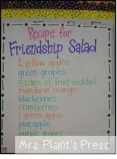 Friendship Salad - students bring in fruit to mix together and share Friendship Fruit Salad Preschool, Friendship Fruit Salad, Friendship Salad, Friendship Activities Preschool, Teaching Friendship, Friendship Week, Preschool Friendship, Friendship Recipe, Friendship Crafts