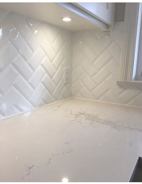 Beveled Backsplash Kitchen, Kitchen Servery, Secondary Kitchen, White Beveled Subway Tile, Herringbone Subway Tile, Island Kitchens, Kitchen Backsplash Tile Designs, Beveled Subway Tile, Backsplash Tile Design