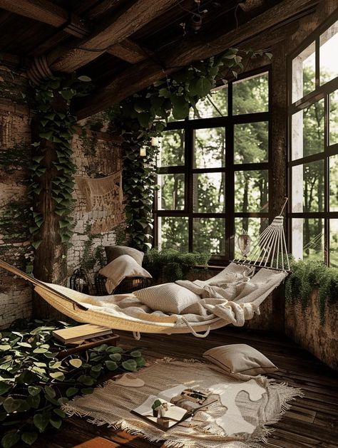 Bedroom Ideas With Hammock, Hammock In Living Room, Homes In Nature, Treehouse Room, Dressing Table Design, Dream Life House, Fantasy House, Fantasy Places, Dream Room Inspiration