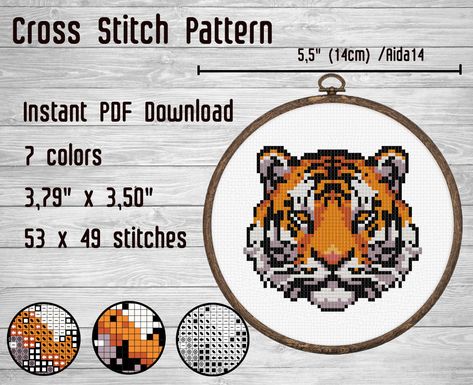 Tiger Head Cross Stitch Pattern PDF Digital Download - Etsy Tiger Cross Stitch Pattern, Aida Fabric, Mini Cross Stitch, Thread Colors, Tiger Head, Small Pictures, Head Design, Dmc Thread, Diamond Art