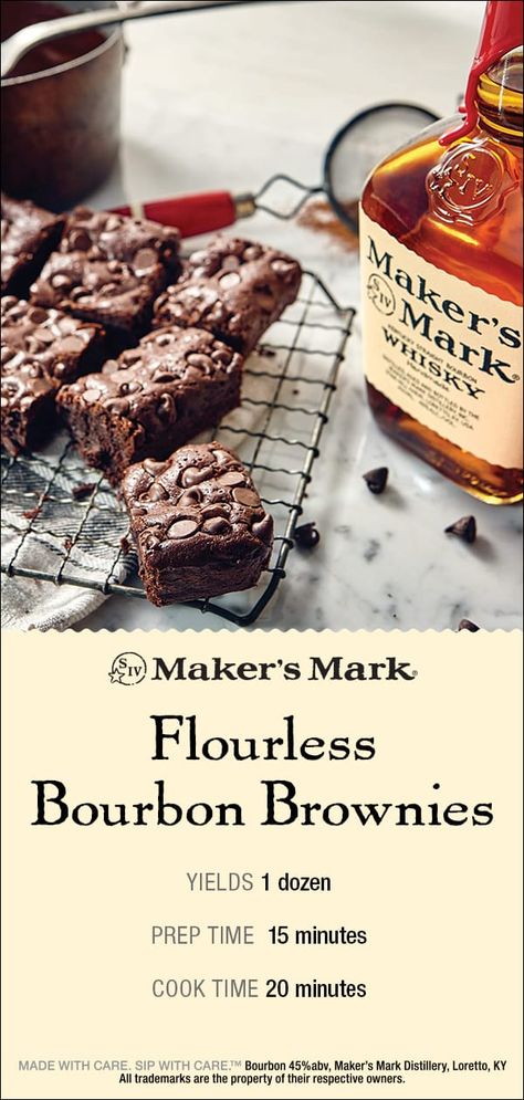 Maker’s Mark Flourless Bourbon Brownies are dense, fudgy and the perfect vessel for the pleasing infusion of the caramel and vanilla notes of Maker’s Mark Bourbon.   Ingredients: 1-1/4 sticks butter 1/4 cup Maker’s Mark Bourbon 1/4 cup unsweetened cocoa powder 2 cups chocolate chips 4 eggs 1/2 cup confectioners’ sugar. Click-thru for brownie recipe directions. Boozie Brownies, Bourbon Recipes Food, Bourbon Brownies Recipes, Whiskey Brownies, Today Show Recipes, Bourbon Brownies, Flourless Brownies, Bourbon Recipes, Unsweetened Cocoa Powder