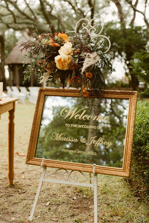 Boho Fall Mirrored Wedding Welcome Sign #WeddingChicks #mirroredsign #mirrorwelcomesign #mirrorweddingsign #welcomesign #bohowedding Mirror Welcome Sign Wedding Boho, Mirror Welcome Sign Wedding, Wedding Welcome Sign Mirror, Fall Wedding Welcome Sign, Mirror Welcome Sign, Mirror Wedding Sign, Boho Floral Decor, Fall Wedding Sign, Sayulita Wedding