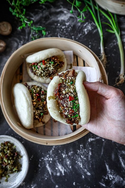 Vegan Taiwanese Gua Bao – Chez Jorge Chez Jorge, Pulled Jackfruit, Gua Bao, Pickled Mustard Greens, Taiwanese Cuisine, Vegan Asian, Bao Buns, Taiwanese Food, Dough Ingredients