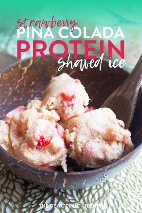 This shaved ice cream recipe uses pina colada protein powder, strawberries, pineapple, and almond milk. It's a delicious protein snack and dessert that helps with macro and fitness goals. #thebewitchinkitchen #proteinrecipes #proteindesserts #shavedice #shavedicecream #proteindessertrecipes #pinacolada #iifym #macrorecipes #macrodesserts Coconut Curry Chicken Meatballs, Perogie Casserole, Shaved Ice Cream, Strawberry Pina Colada, Healthy Ice Pops, Cashew Bars, Homemade Popsicle Recipes, Fruit Popsicle Recipes, Protein Dessert Recipes