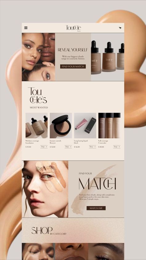 Modern and minimalist e-commerce website for Touché makeup brand by Envol Agency. #ecommerce #website #makeup . #Ecommerce_Design_Inspiration #Cosmetic_Website #Website_Branding_Design #Beauty_Ecommerce Ecommerce Design Inspiration, Website Branding Design, Beauty Ecommerce, Cosmetic Web, Beauty Web, Unique Web Design, Design Sites, Banner Web, Cosmetics Banner