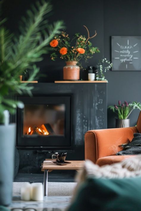 This pin showcases elegant black fireplace wall ideas perfect for transforming living spaces. It features a chic design principle that emphasizes warmth and style, utilizing one image to inspire cozy home settings. Dramatic Fireplace Wall, Urban Bronze Fireplace Wall, Living Room With Black Fireplace, Black Fireplace Ideas, Black Fireplace Mantel, Black Fireplace Wall, Fireplace Wall Ideas, Contemporary Fireplace Decor, Black Brick Fireplace