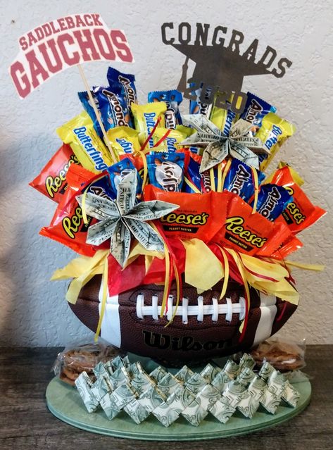 Soccer Candy Bouquet, Football Flower Bouquet, Father’s Day Money Bouquet, Football Candy Bouquet, Football Candy Boquets, Reese’s Candy Bouquet, Football Candy, Balloon Gifts, Candy Gift Baskets