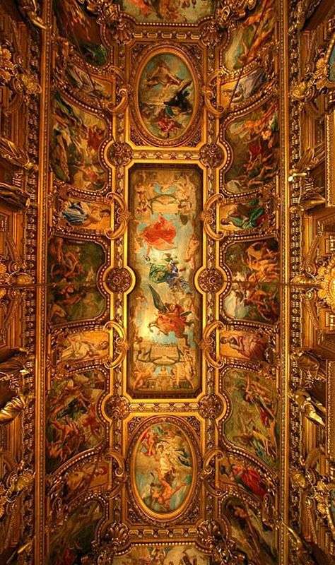 Ceiling, Opéra Garnier, Paris - www.castlesandmanorhouses.com Aesthetic Paintings, Castle Pictures, Baroque Painting, Opulent Interiors, Rennaissance Art, Famous Paintings, Famous Artwork, Cathedral Church, Italy Art