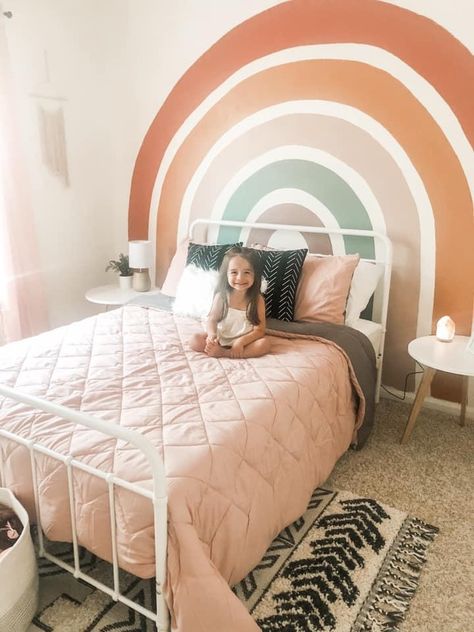 Neutral Rainbow Bedroom, How To Apply Wallpaper To Textured Walls, Rainbow Wall Paint Girl Rooms, Rainbow Accent Wall Girl Rooms, Boho Rainbow Nursery Wall Paint, Toddler Pink Rainbow Room, Neutral Rainbow Painted Wall, Rainbow Themed Bedroom, Rainbow Bedroom