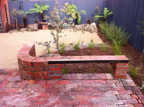 Brick Pathway Garden, Brick Bench, Red Brick Paving, Brick Paths, Landscape Design Melbourne, Brick Planter, Diy Outdoor Seating, Brick Paving, Construction Companies