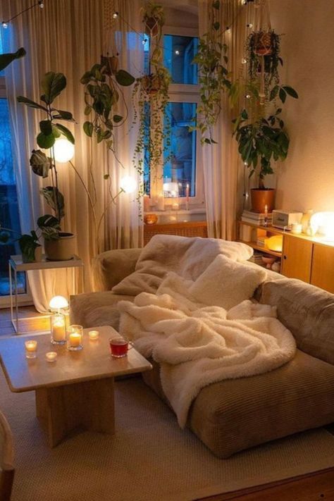 Nature Themed Living Room Ideas, Comfy Place Aesthetic, Lively Room Ideas, Home Decor Comfy, Sofa With Chaise Living Room Layout Cozy, Super Cozy Living Room, Tiny Living Room Aesthetic, Living Room Designs Carpet Floor, Ambient Light Living Room