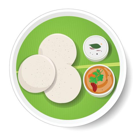 South Indian food Idly with Coconut Chutney and Sambar Served on plate with Banana Leaf, Vector File Dosa Drawing, School Wall Art Ideas, Idli Sambar, Cute Cartoon Food, Animated Emojis, Food Logo Design Inspiration, Name Drawings, Leaf Vector, Logo Design Inspiration Creative