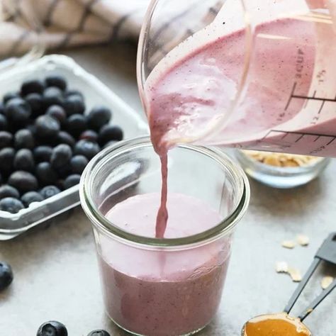 Peanut Butter and Jelly Smoothie - Fit Foodie Finds Peanut Butter Jelly Oatmeal, Peanut Butter And Jelly Smoothie, Health Shakes, Oatmeal Smoothie, Fit Foodie Finds, Fit Foodie, Post Workout Snacks, Peanut Butter And Jelly, Peanut Butter Jelly