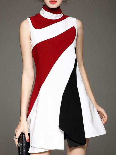 White Contrast Red Black Stand Collar Sleeveless Ruffle Dress Áo Blu, Color Blocking Outfits, A Beautiful Life, Looks Chic, Colorblock Dress, Beautiful Life, Mode Vintage, Independent Designers Fashion, Fashion Sewing