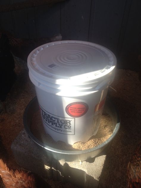 My $10 30# chicken feeder. A five gallon bucket with lid, a 3 1/2 gallon hog pan, 3 bolts, nuts, and washers. Drill 1 1/2 holes around the base of the bucket, bolt the pan to the bottom of the bucket with the 3 bolts, in a triangle pattern, fill with feed and place on a base or hang. A little elbow grease and as good a feeder for half the price. If you're really thrifty, you can probably find the suitable parts around your homestead! Homemade Chicken Feeders, Easy Diy Chicken Feeder, Homemade Chicken Feeder, Duck Waterer, Pvc Chicken Feeder, Chicken Water Feeder, Chicken Aesthetic, Chicken Feeder Diy, Easy Chicken Coop