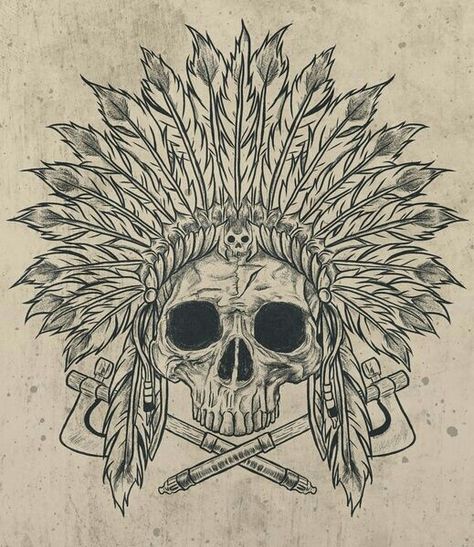 Would be a great black and Grey chest piece Indian Skull Tattoos, Tattoo Sonne, Headdress Tattoo, Filipino Tattoos, Indian Skull, 4 Tattoo, Indian Headdress, Indian Tattoo, Warrior Tattoo