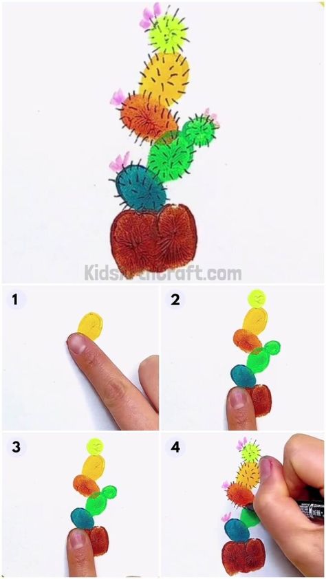 Super Easy Fingerprint Cactus Painting Art Idea For Kindergartners - Kids Art & Craft Kindergarten Art Projects, Mouse Crafts, Cactus Painting, Easy Art Projects, Halloween Activities For Kids, Footprint Art, Work Art, Desert Art, Cactus Art