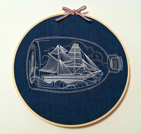 Hoop Art Wall Decor, Nautical Embroidery, Hoop Art Wall, Home Embroidery Machine, Ship In A Bottle, Nautical Crafts, Embroidery Hoop Wall Art, Thread Art, 자수 디자인