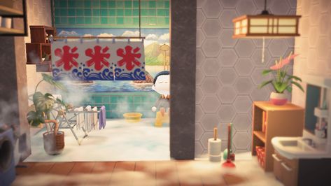 Japanese Bathroom Acnh, Acnh Japanese Bathhouse, Acnh Bathhouse, Acnh Japanese House, Bathroom Japanese, Anime Island, Ac Ideas, Japanese Bathroom, Acnh Inspo