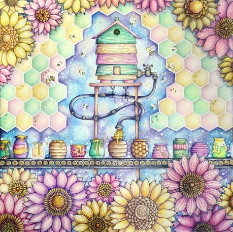 Johanna Basford Rooms Of Wonder Finished Pages, Rooms Of Wonder Finished Pages, Worlds Of Wonder Johanna Basford Houses, Johanna Basford Rooms Of Wonder, Coloring Practice, Rooms Of Wonder, Magical Jungle Johanna Basford Pages, Bee Room, Time Garden Coloring Book Finished