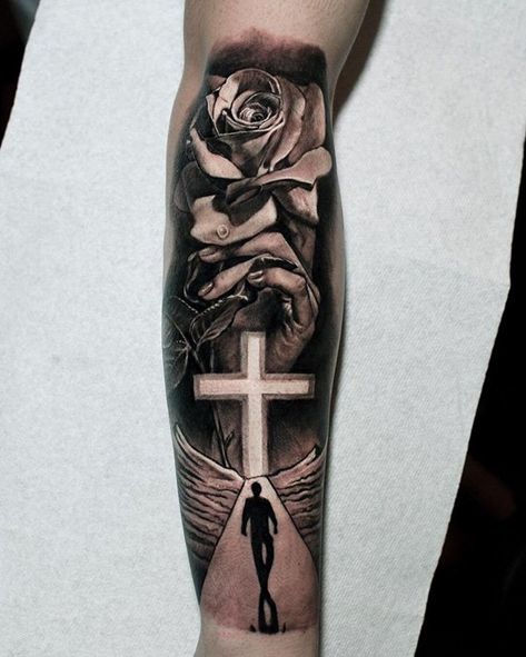 Cross Feather Tattoo, 3 Crosses Tattoo Men, Cross Rib Tattoos, Rose Tattoo Ideas For Men, Cross Necklace Tattoo, Back Cross Tattoos, Miscellaneous Tattoos, Unique Cross Tattoos, Thigh Tattoo Men