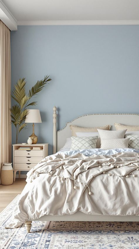 Blue Boho Girls Bedroom Pale Blue Bedroom Wallpaper, Pastel Blue Walls Bedroom, Cornflower Blue Bedroom Ideas, Calming Blue Bedroom Walls, Light Blue Wall Bedroom, Light Blue Walls Bedroom, Boho Girls Bedroom Ideas, Pale Blue Bedroom, Blue Accent Wall Bedroom