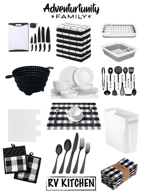 Rv Decorating Ideas Black And White, Black And White Rv Decor, Black And White Kitchen Decor, Black And Grey Kitchen, Urban Farmhouse Decor, Black And White Kitchen, Rv Renovation, Buffalo Plaid Decor, Rv Kitchen