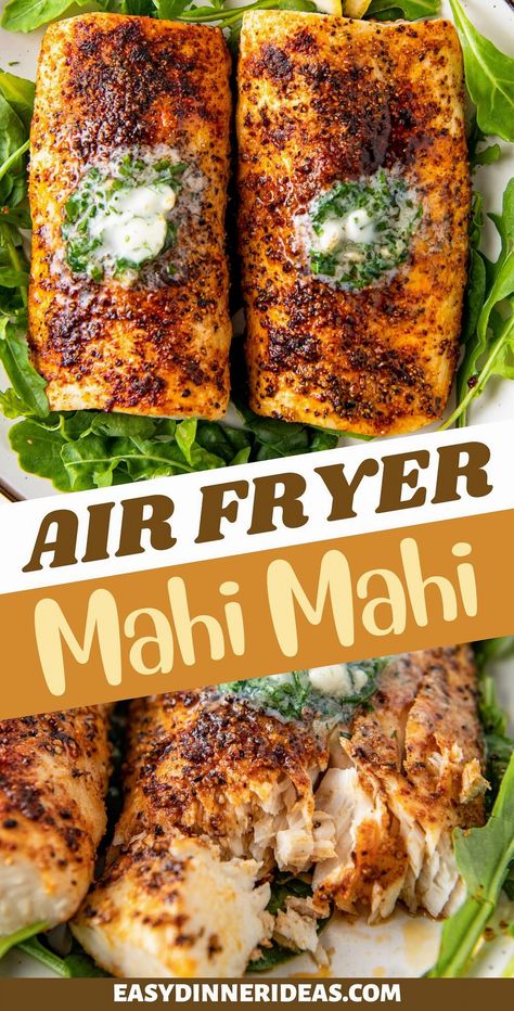 Craving a delicious fish dish that feels like it came straight from a restaurant kitchen? Try this Air Fryer Mahi Mahi recipe, ready in under 10 minutes. Perfect for a quick weeknight meal or impressing guests at a dinner party, this dish features Mahi Mahi seasoned with a blend of dried spices and topped with rich, homemade garlic herb butter. Mahi Mahi Dinner, Air Fryer Mahi Mahi, Cooking Mahi Mahi, Mahi Mahi Recipe, Mahi Mahi Recipes, Dried Spices, Recipes Chili, Pasta Bread, Sandwich Lunch