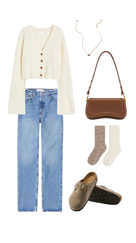 Cream Button Up Cardigan Outfit, White Cardigan Outfit Aesthetic, Brown Clogs Outfit, Short Cardigan Outfit, Cream Cardigan Outfit, White Cardigan Outfit, Cottagecore Outfit Ideas, Birkenstock Clogs Outfit, Rory Gilmore Aesthetic