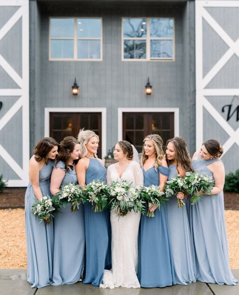 Steel Blue Weddings, Steel Blue Bridesmaid Dresses, Blue Hydrangea Wedding, Summer Garden Wedding, Dusty Blue Bridesmaid Dresses, Hydrangeas Wedding, Blue Themed Wedding, Bridesmaid Dress Styles, Dusty Blue Weddings