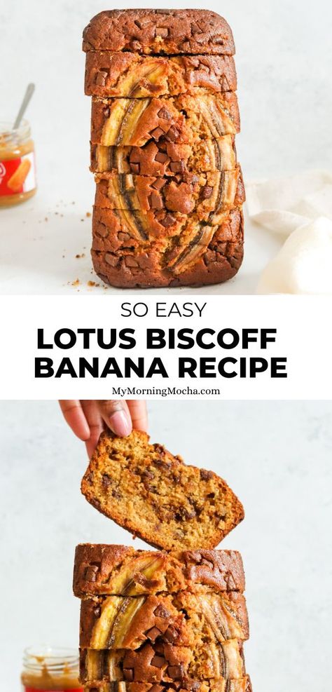 Here's how to make the best Lotus Biscoff banana bread. It's quick, easy, moist and tastes incredible. This Biscoff loaf cake is so good! via @MyMorningMocha Healthy Gluten Free Banana Bread, Biscoff Banana, Honeycomb Recipe, Pudding Banana, Best Banana Bread Recipe, Biscoff Recipes, Biscoff Cake, Bread Banana, Banana Bread Loaf