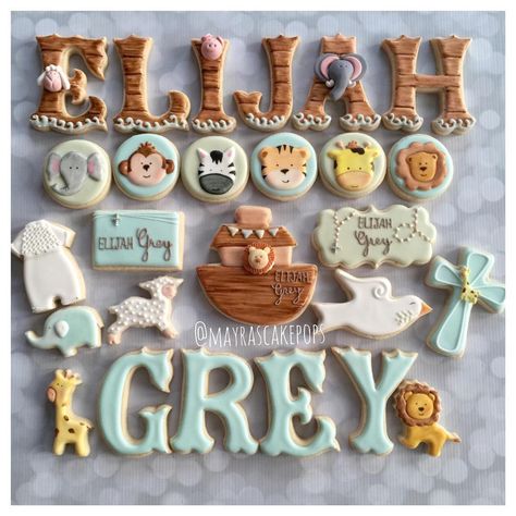 Loved creating this lovely set for Elijah Grey's Christening. Inspired by Noah's Ark #noahsark #christening #baptism #customfavors #customsweets #customcookies #personalizedcookies #mayrascakepops #sweetsforeveryoccasion Noahs Ark Cake, Noahs Ark Party, Noahs Ark Theme, Noahs Ark Baby Shower, Noah S Ark, Baby Cookies, Cookies For Kids, Animal Cookies, Cookie Inspiration