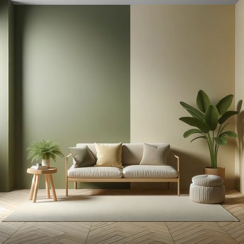 olive green and vanilla two tone wall color Wall Painting Ideas Green Shades, Living Room Designs Olive Green, Living Room Sage Green Walls, Olive Green Wall Color, Olive Interior Design, Olive Wall Color, Green Wall Kitchen Ideas, Olive Green Accent Wall Living Room, Olive Accent Wall