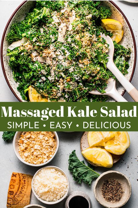 This Simple Kale Salad tosses kale, parmesan cheese, and croutons with a zesty lemon dressing to give you a perfect light meal or healthy side dish for any occasion. Ready in 10 minutes! Marinated Kale Salad, Simple Kale Salad, Kale Salad Recipes, Rose Recipes, Healthy Side Dish, Lean Meals, Kale Recipes, Beautiful Food Photography, Vegetarian Appetizers